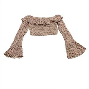 Kimchi Blue Y2K Smocked Statement Sleeve Bell Sleeve Ruffle Neckline Crop Top
